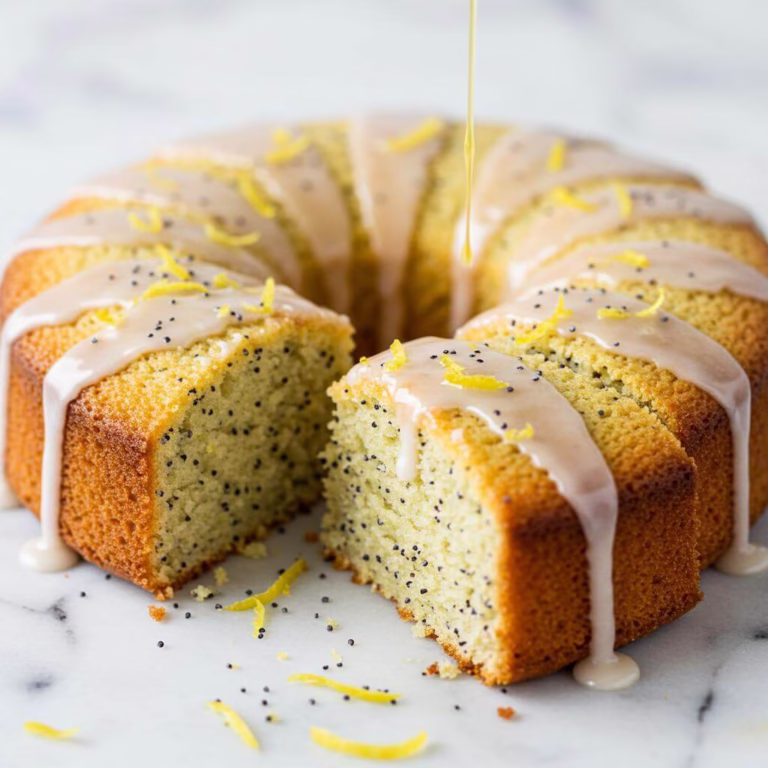 Gluten-free lemon poppy seed cake with glaze and poppy seeds