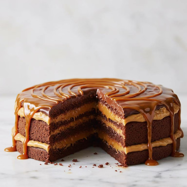 Decadent gluten free chocolate caramel cake layers with caramel drizzle