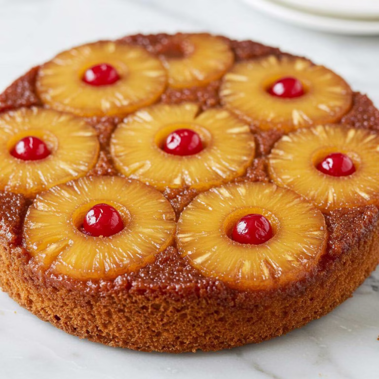 Gluten free pineapple upside-down cake with caramelized pineapple and cherries