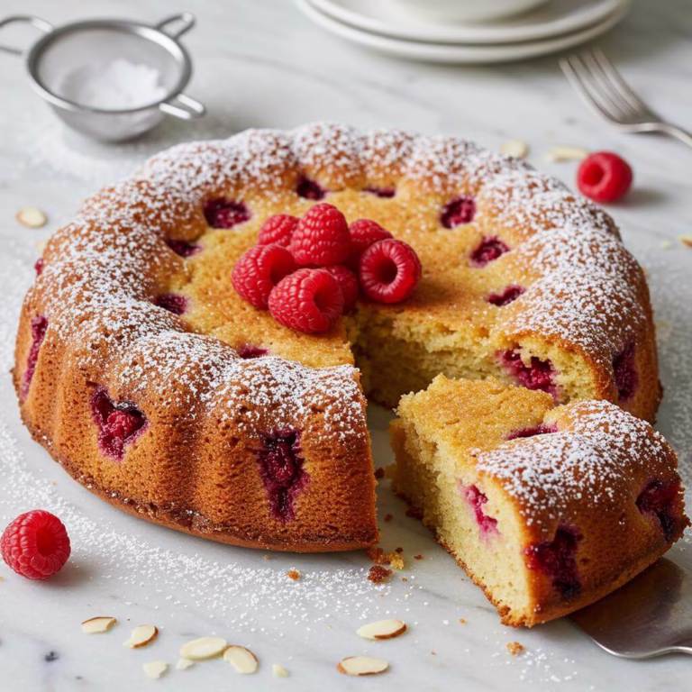 Golden brown raspberry almond cake with fresh raspberries