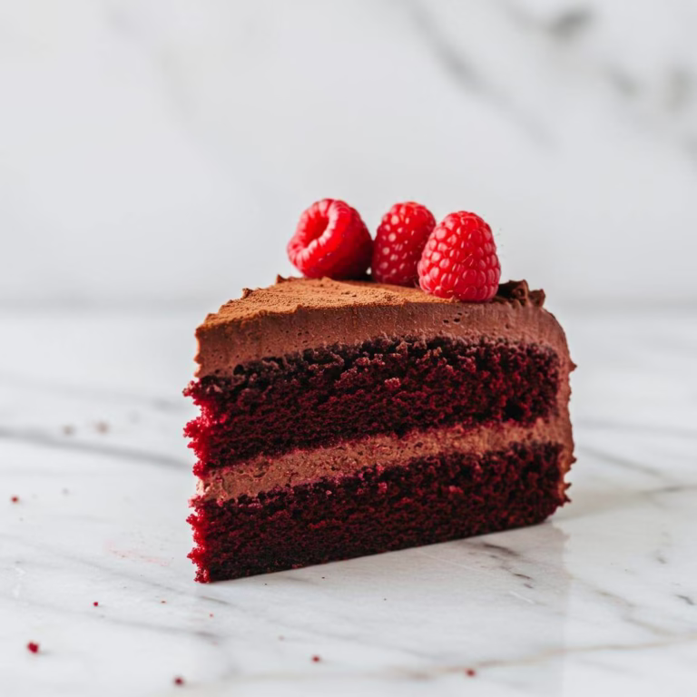 Gluten free chocolate beet cake slice with raspberries