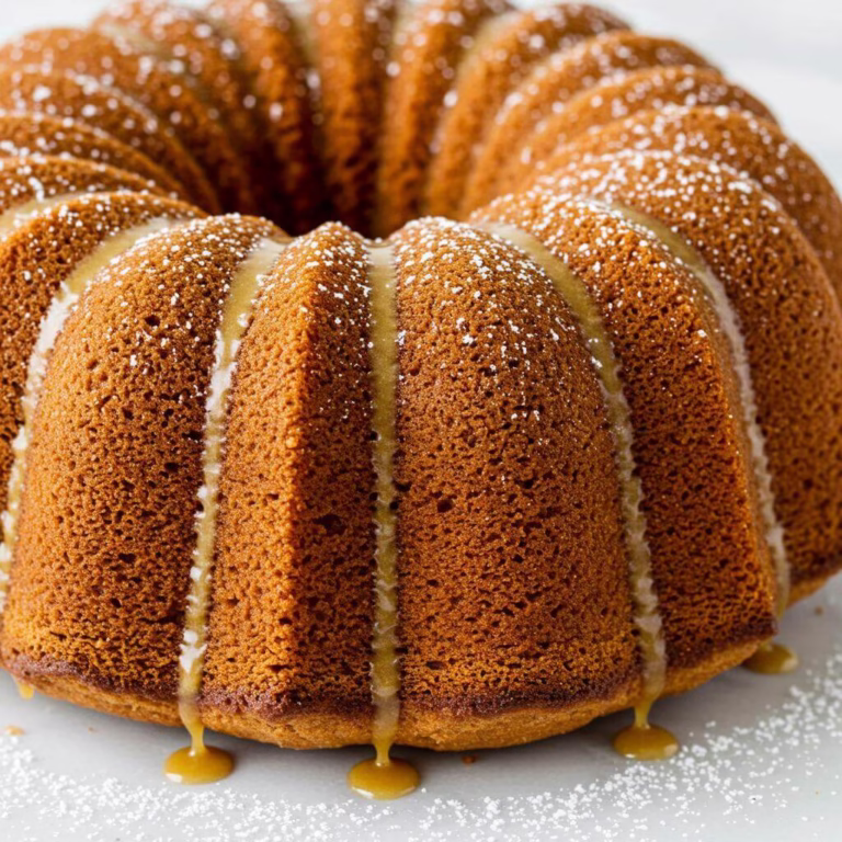 Golden gluten free chai bundt cake dusted with powdered sugar
