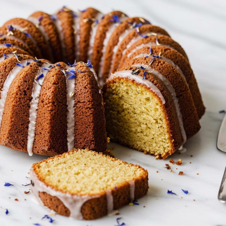 Gluten free Earl Grey cake with delicate glaze and edible cornflowers
