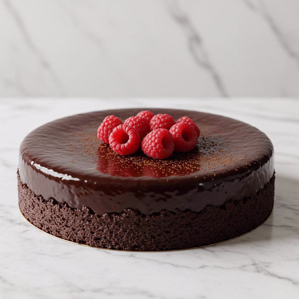 A rich, gluten-free flourless chocolate cake with a glossy chocolate ganache, ready to be served.