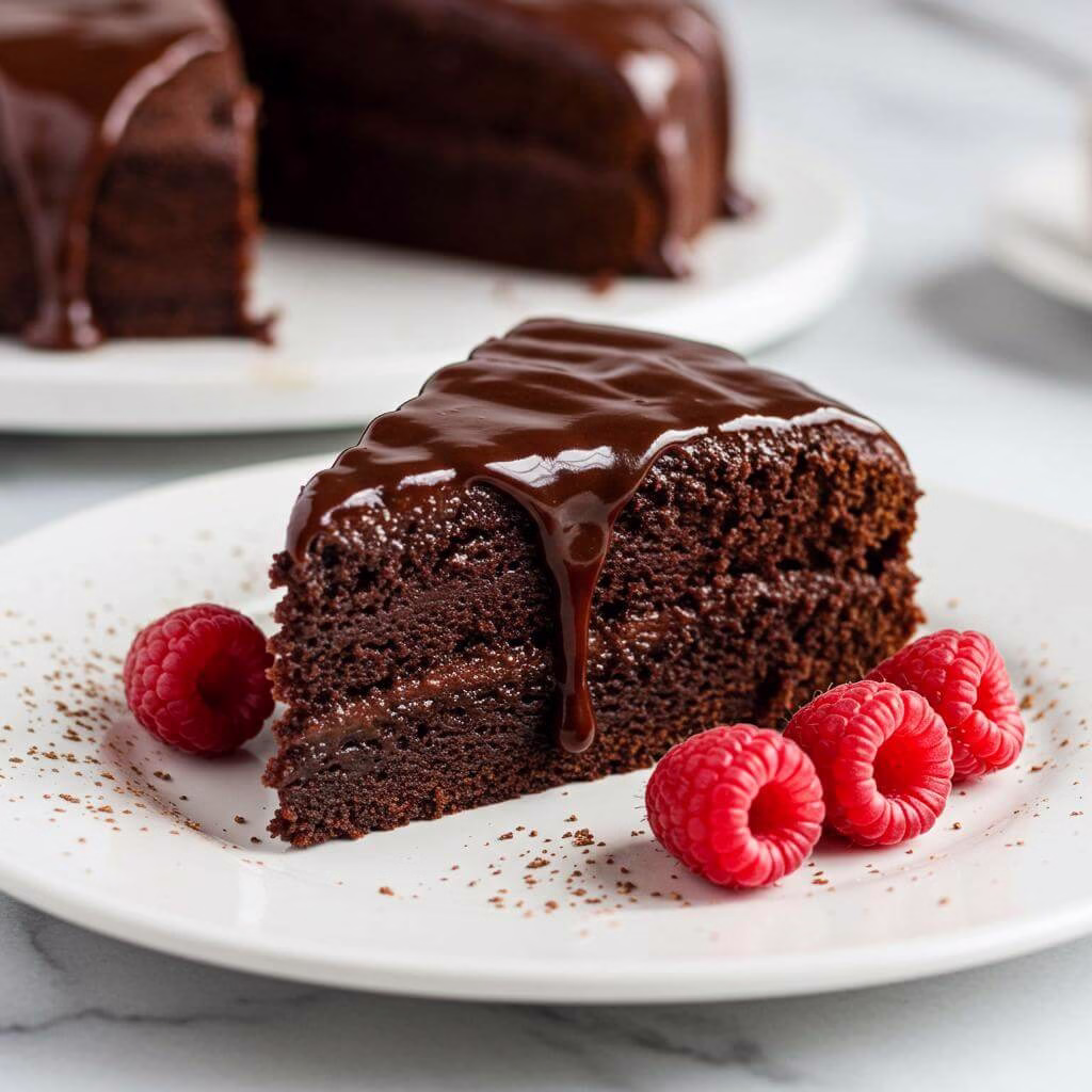 A delicious slice of rich gluten-free quinoa chocolate cake with chocolate frosting on a plate.