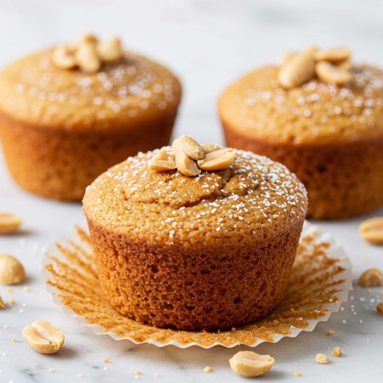 Golden flourless peanut butter muffins on marble
