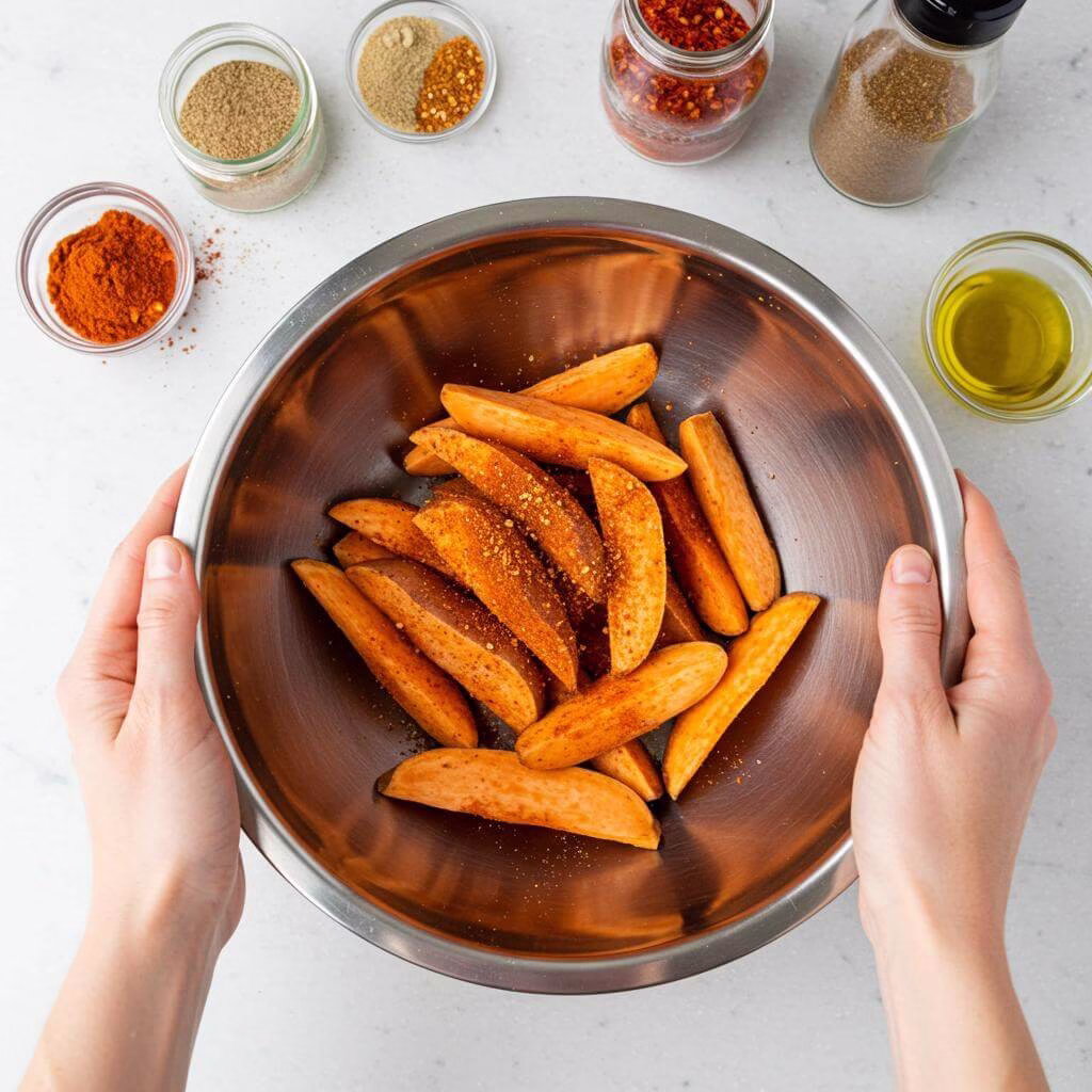 Hands tossing spicy sweet potato wedges with spices