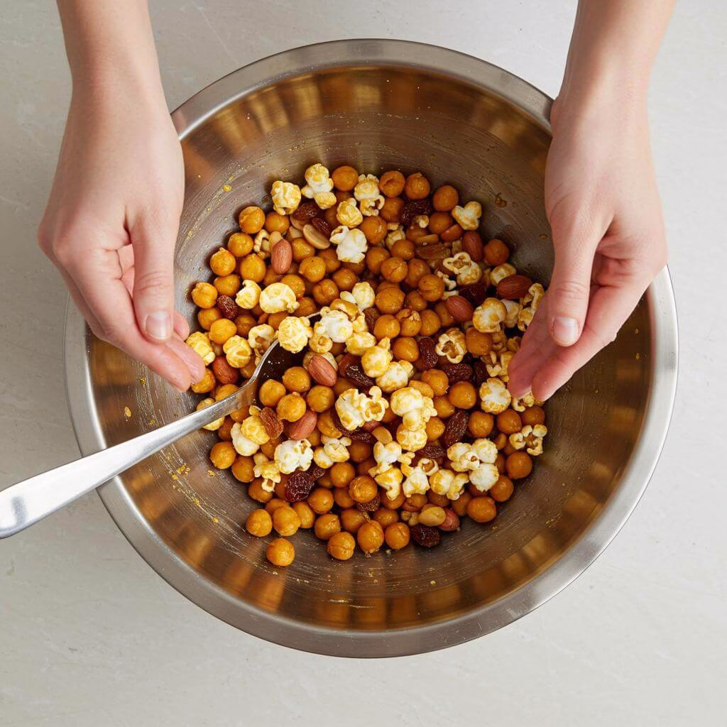 Spiced popcorn snack with chickpeas, peanuts, and sultanas