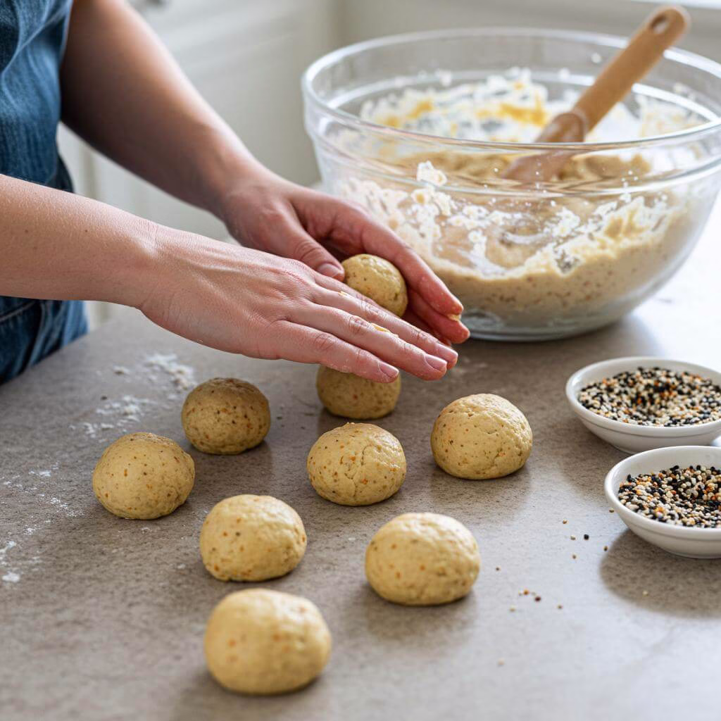 Hands forming air fryer bagel bites dough