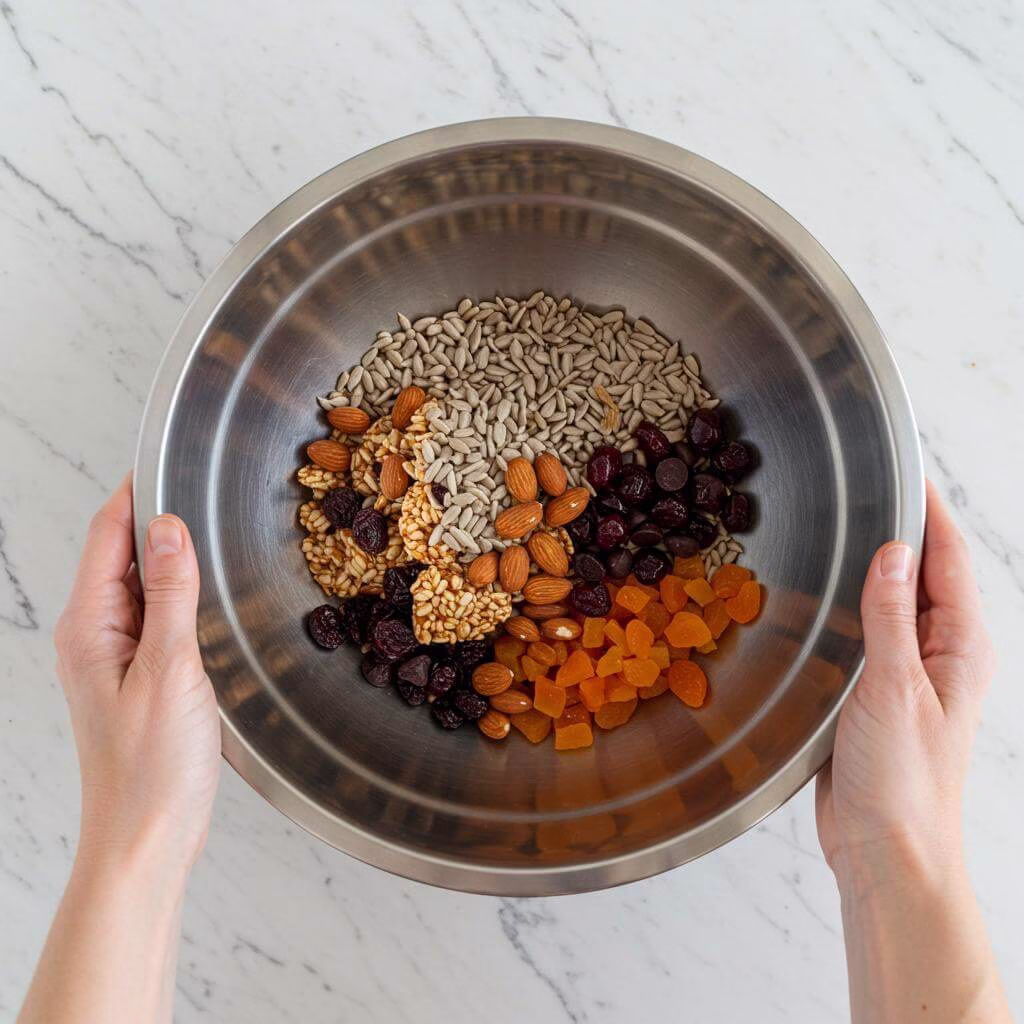 Homemade trail mix ingredients in bowl