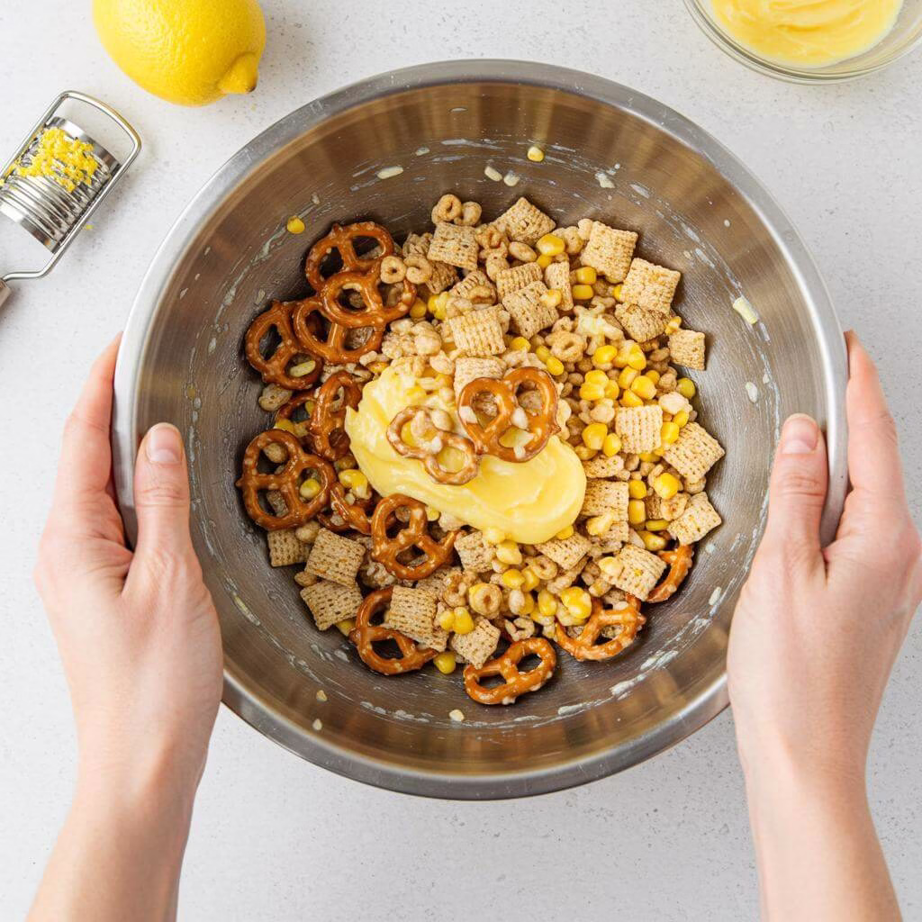 Lemon butter coated cereal for snack mix recipes