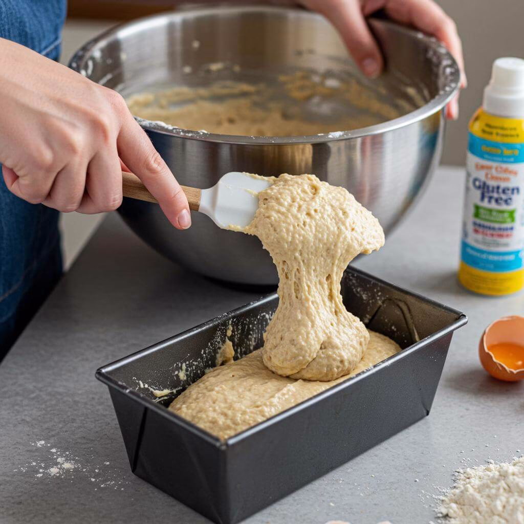Hands scraping gluten-free bread recipe dough into loaf pan
