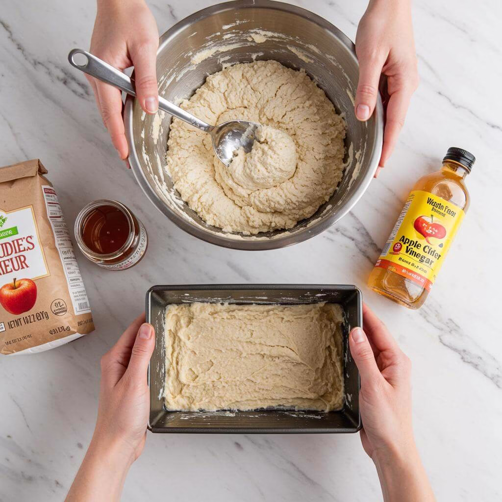Spoon gluten-free bread recipe dough into a loaf pan
