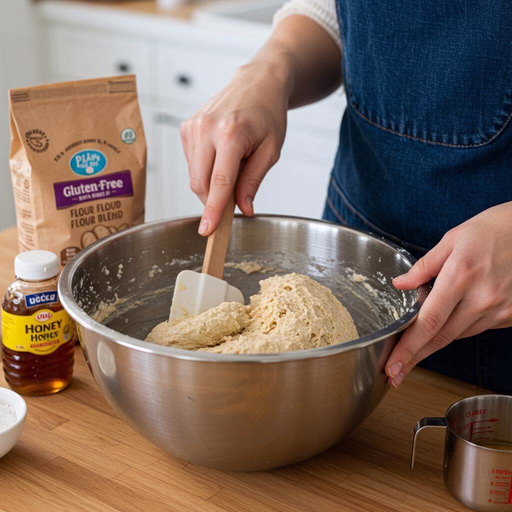 Folding gluten-free bread dough in stainless steel bowl