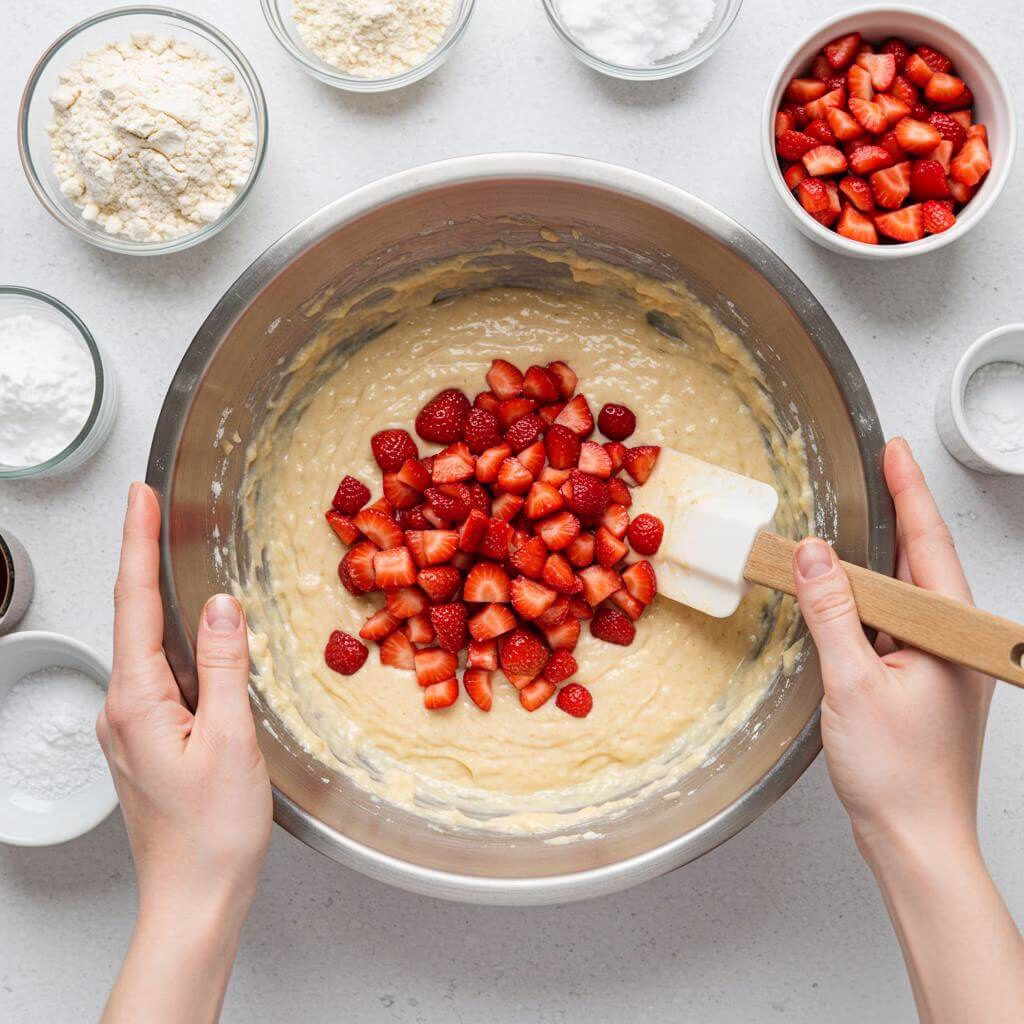 Folding strawberries into gluten free strawberry muffins batter