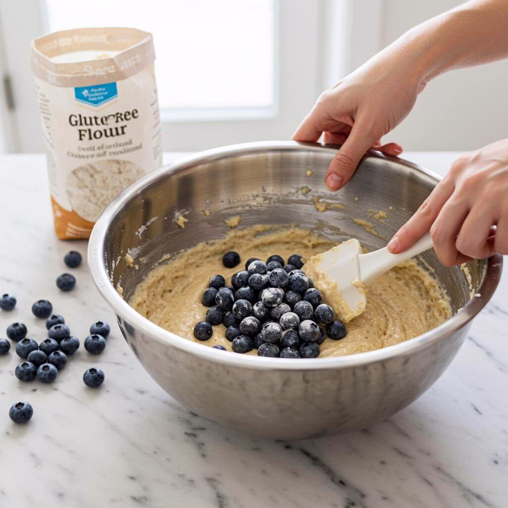 Folding blueberries into gluten free blueberry muffins batter