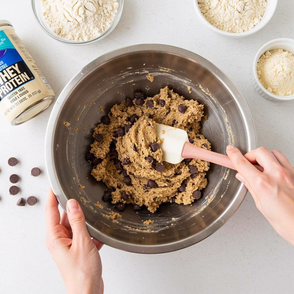 Folding chocolate chips into gluten free protein cookies dough