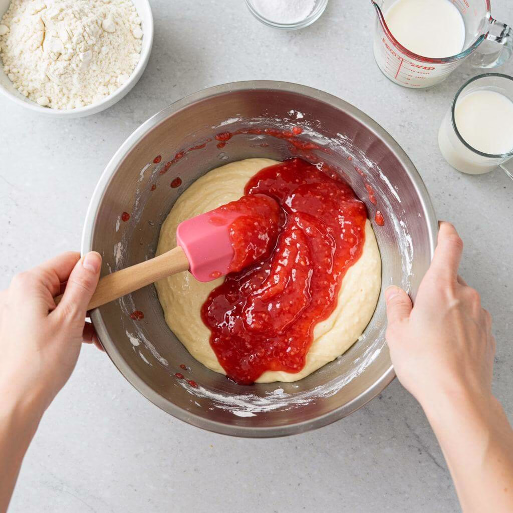 Folding strawberry reduction into gluten-free cake batter