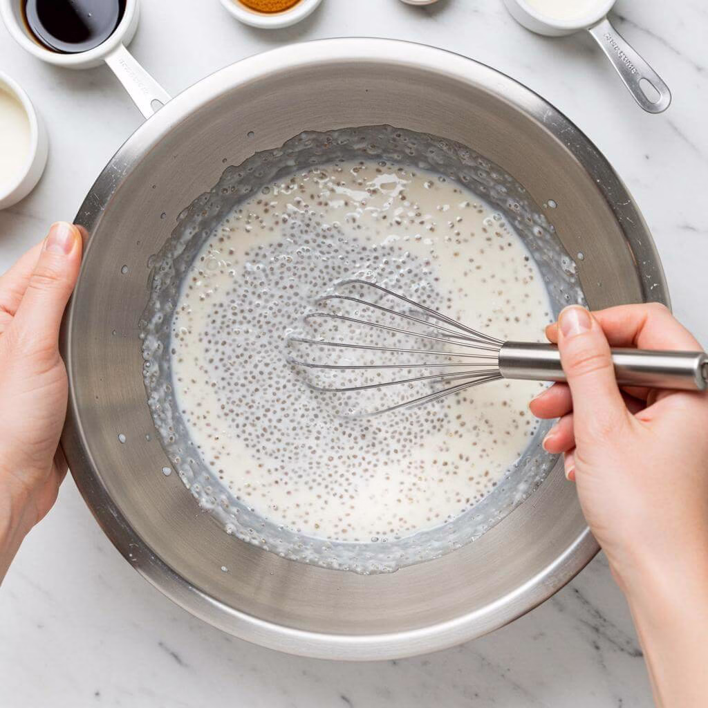 Chia seeds being whisked for pudding