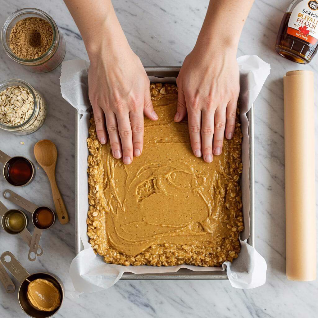 Pressing peanut butter bars mixture into pan