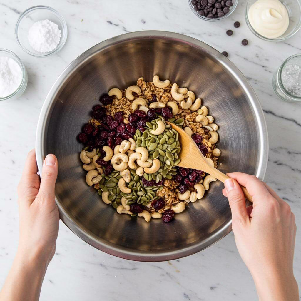 Gluten free trail mix ingredients in a mixing bowl