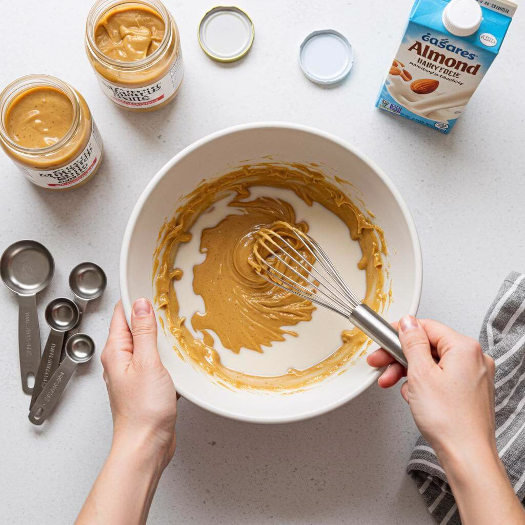 Peanut butter and milk being whisked for pb&j overnight oats