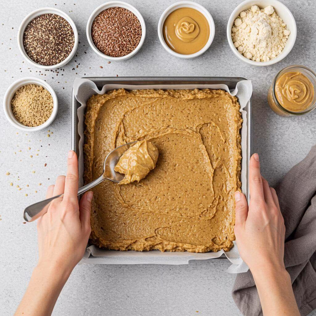 Hands pressing gluten free protein bars into baking pan