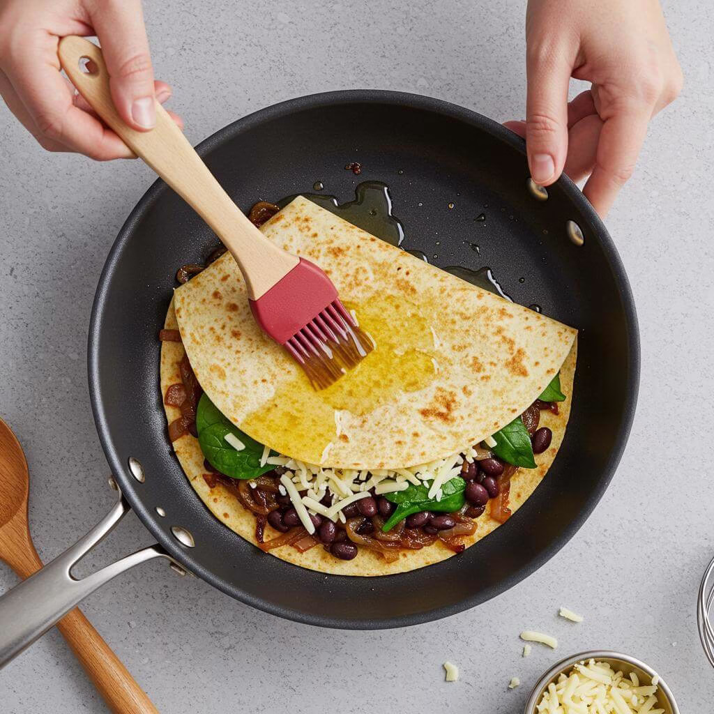 Hands brush oil on corn tortilla quesadillas in skillet