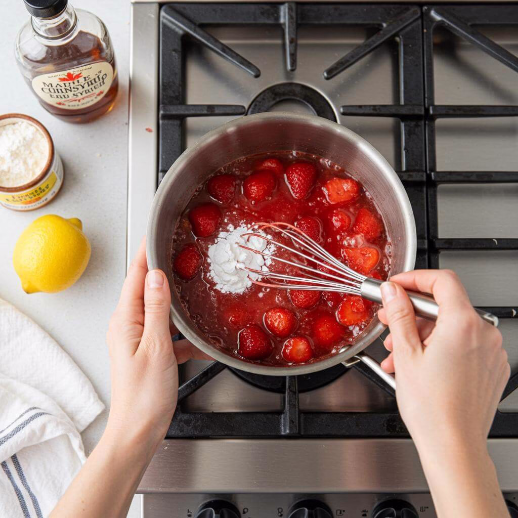 Strawberry puree simmering on stovetop