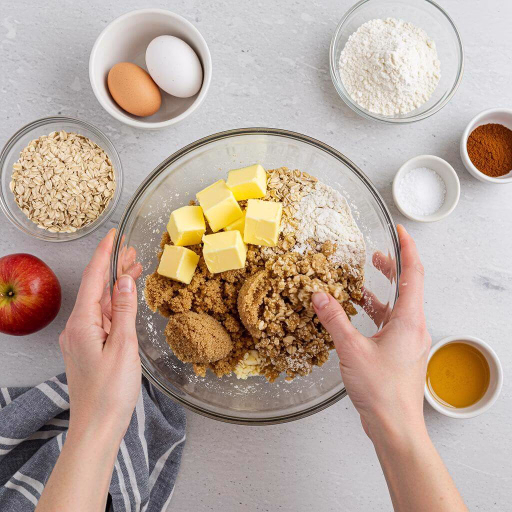 Mixing butter into gluten free apple crisp topping