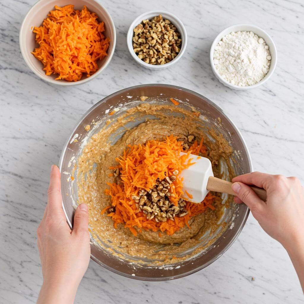 Folding carrots and walnuts into gluten free carrot cake batter