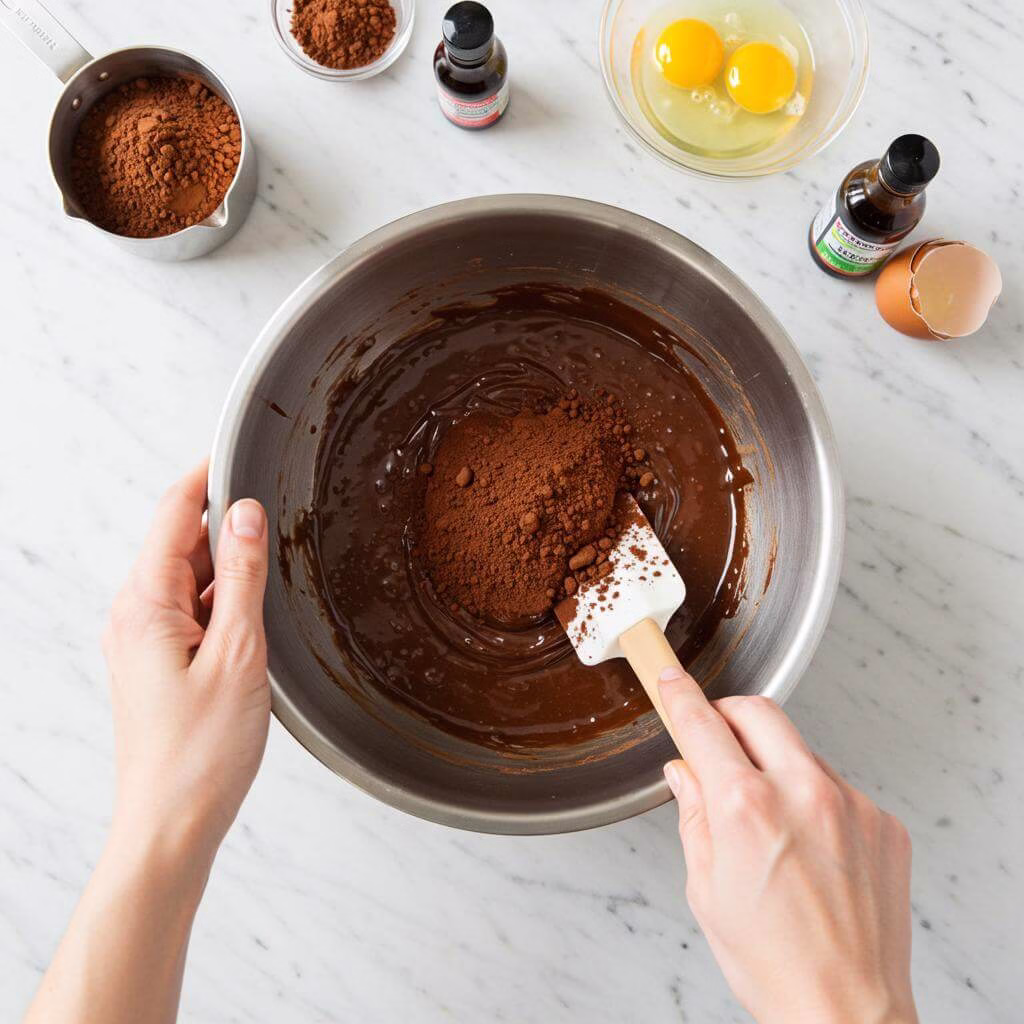 Folding cocoa into chocolate batter for flourless chocolate cake