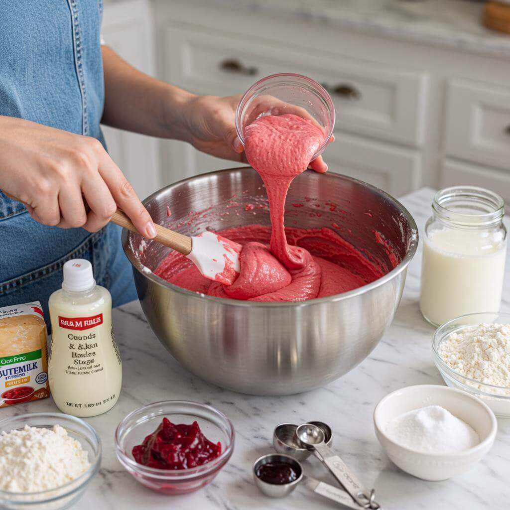 Folding batter for gluten free red velvet cake