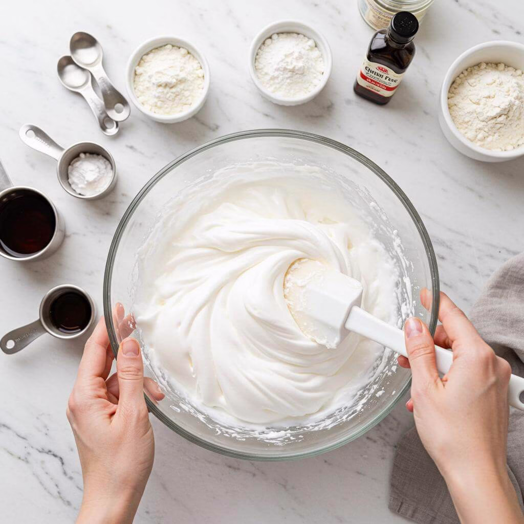 Folding gluten-free flour into meringue for angel food cake