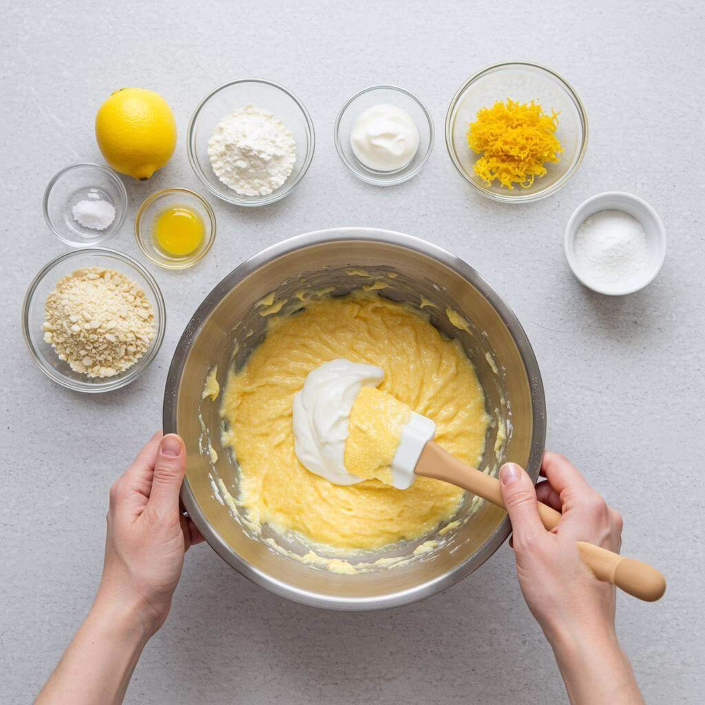 Mixing lemon polenta cake batter in bowl