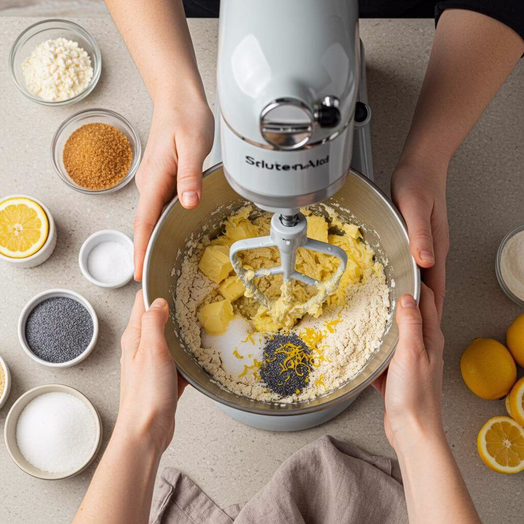 Mixing gluten-free lemon poppy seed cake batter