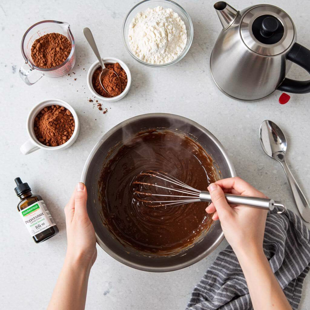 Gluten free chocolate peppermint cake batter being whisked