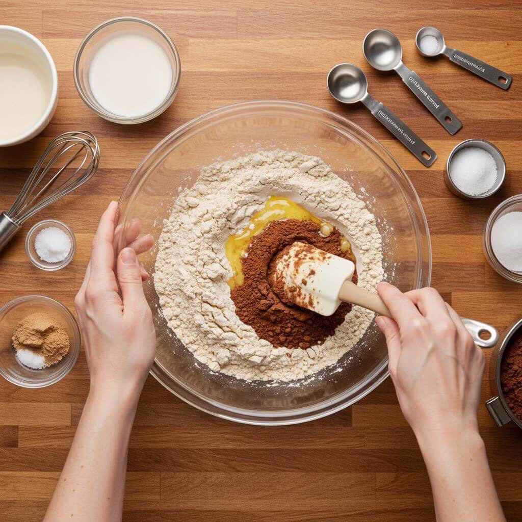 Folding ingredients for vegan gluten free chocolate cake