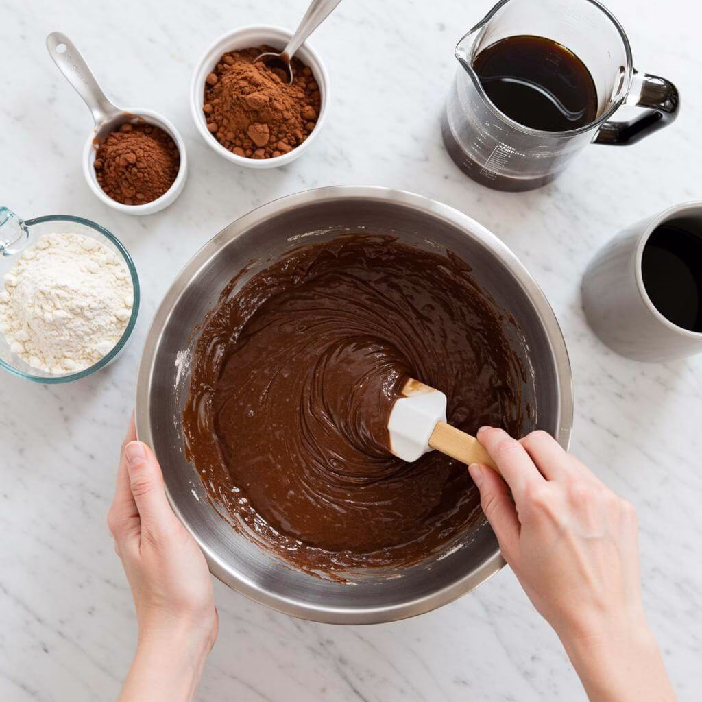 Folding coffee into gluten free chocolate cake batter