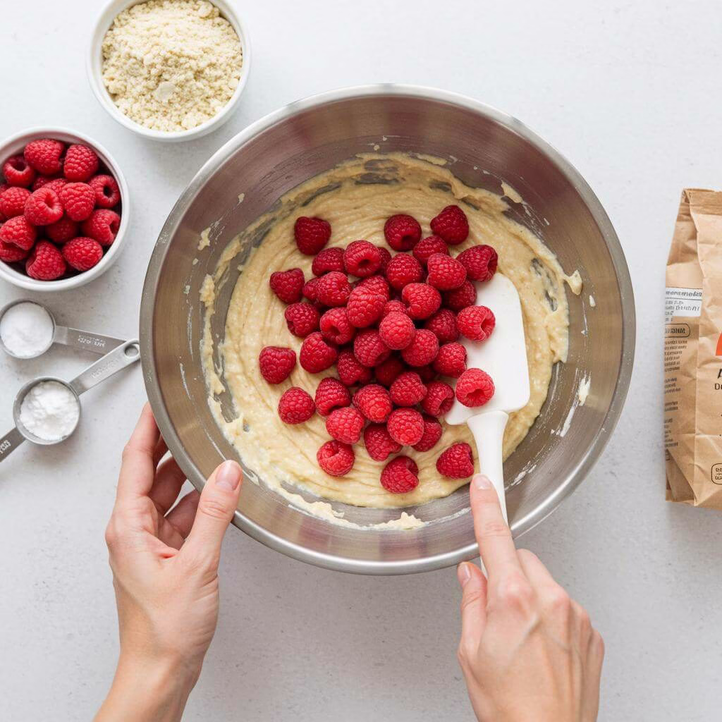 Raspberry almond cake batter being folded with spatula