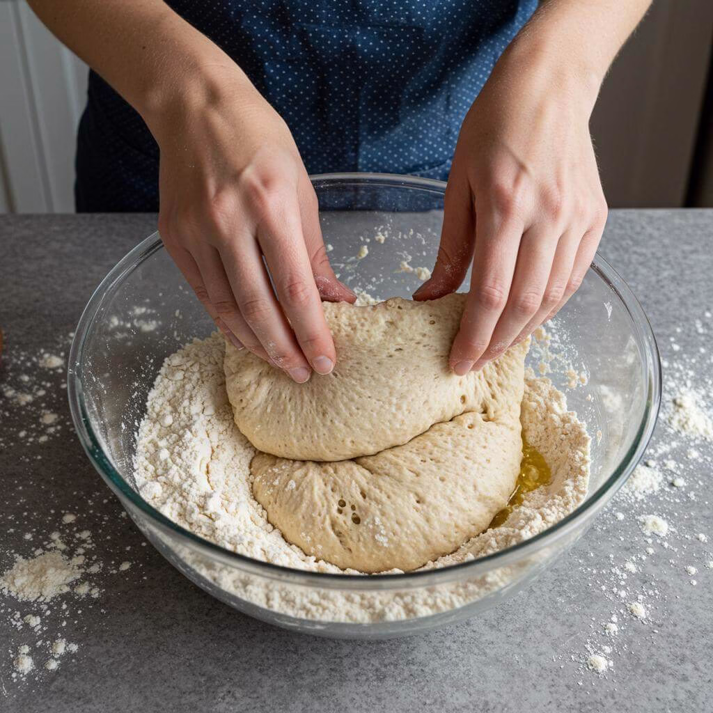 Folding gluten free sourdough bread dough