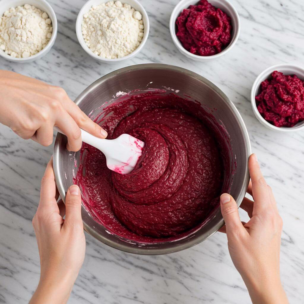 Folding gluten free chocolate beet cake batter