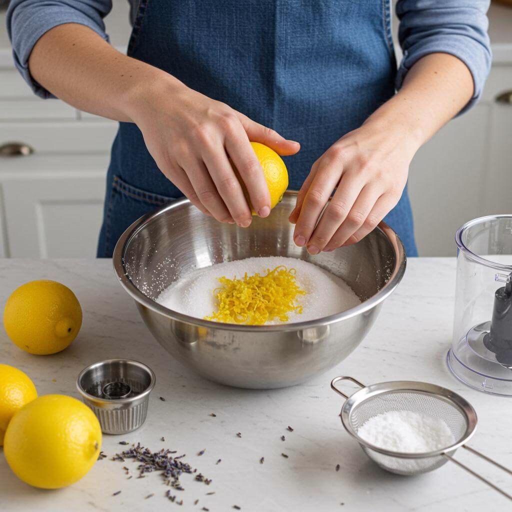 Lemon zest being mixed for gluten free lemon lavender cake