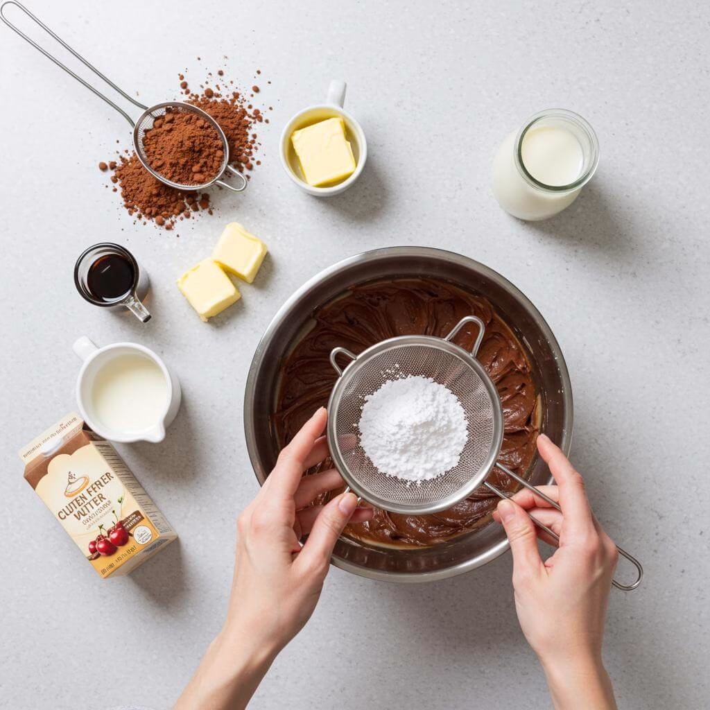 Sifting powdered sugar for gluten-free chocolate cherry cake frosting