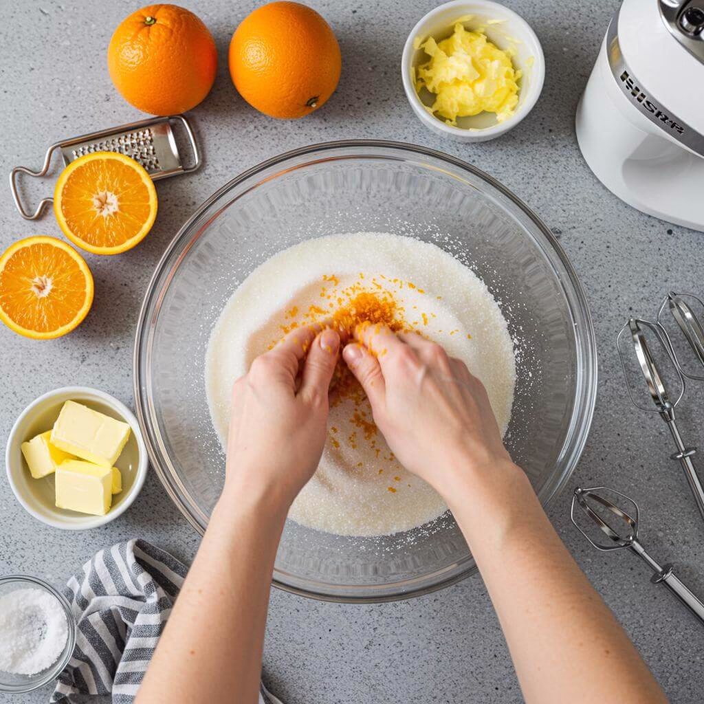 Orange zest being added to sugar for gluten free earl grey cake