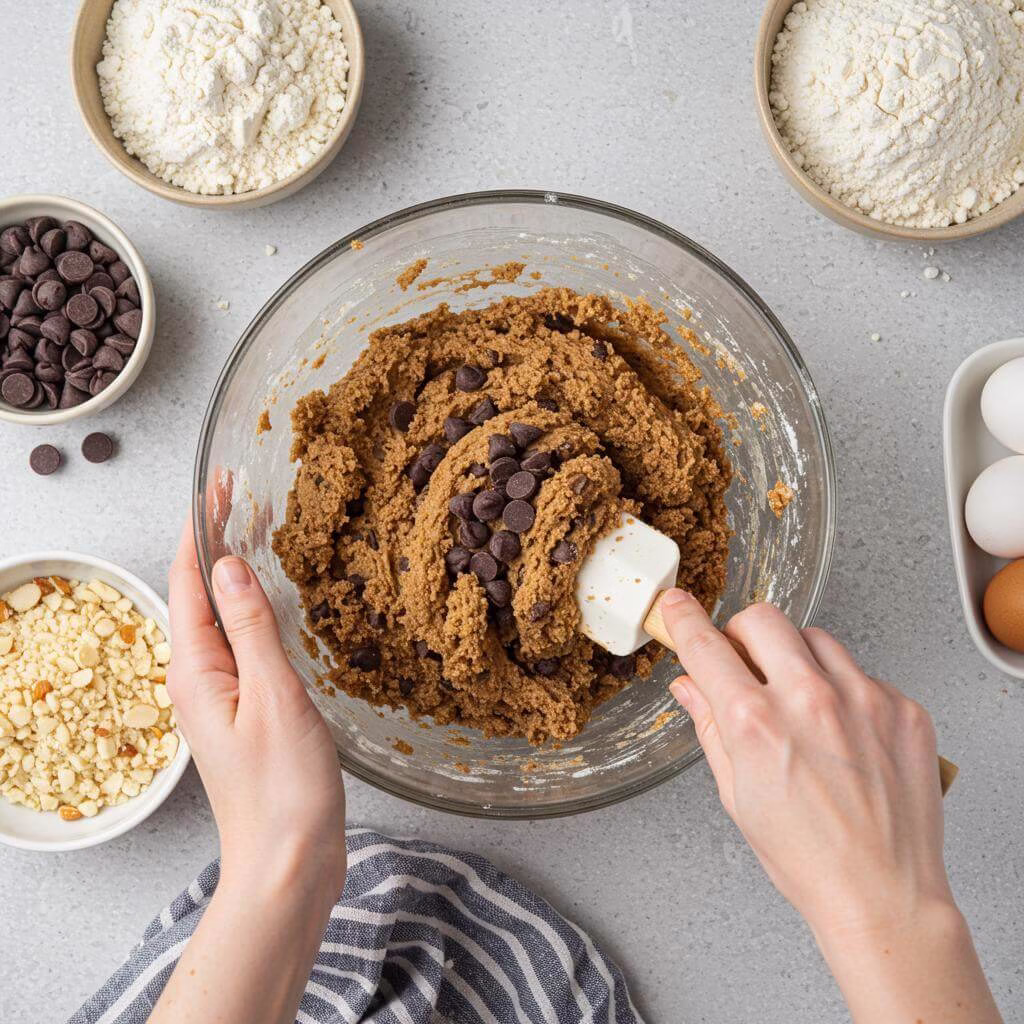 Folding chocolate chips into gluten-free cookie dough