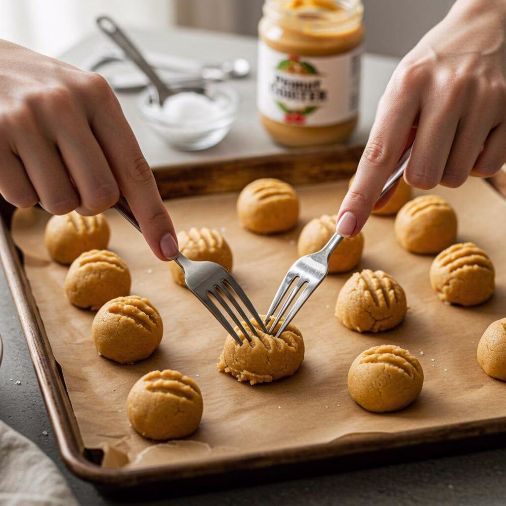 Fork pressing flourless peanut butter cookies