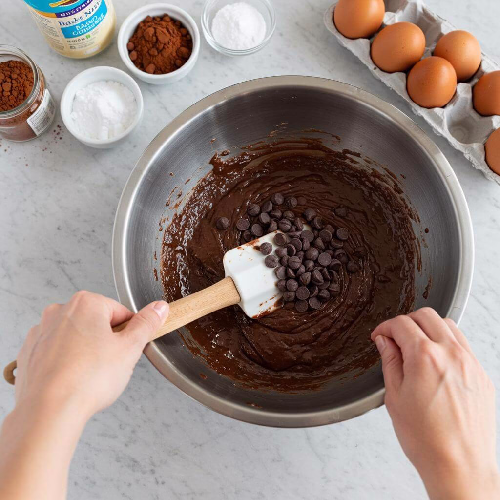 Folding chocolate chips into black bean brownies batter