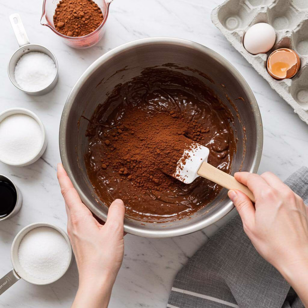 Folding cocoa into batter for flourless chocolate cake