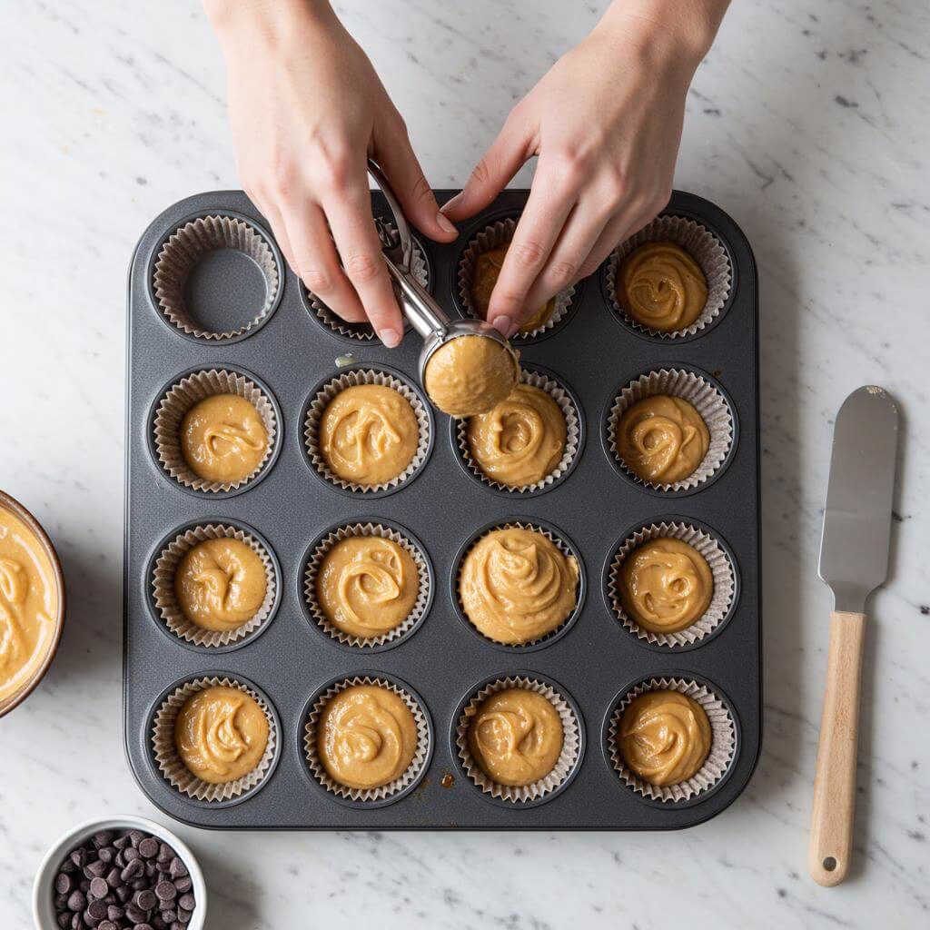 Scooping batter into muffin tin for flourless peanut butter muffins